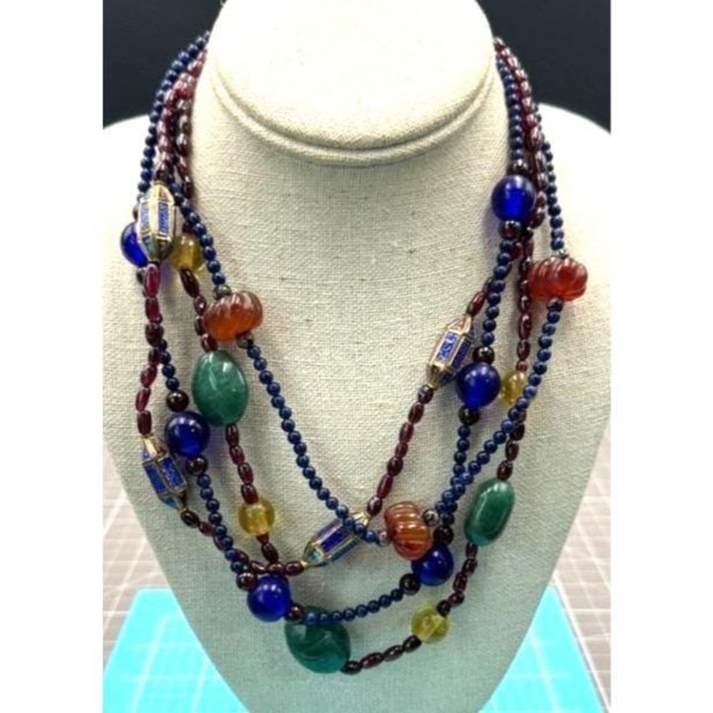 Vintage Alice Kuo Necklace Asian Motif Semi Precious Beads 4 Strand 18"